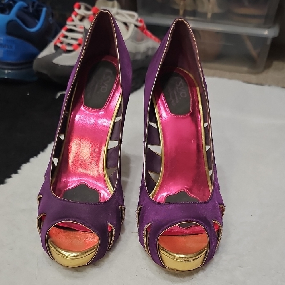 RSVP Purple and Gold High Heel Peep Toe Shoes